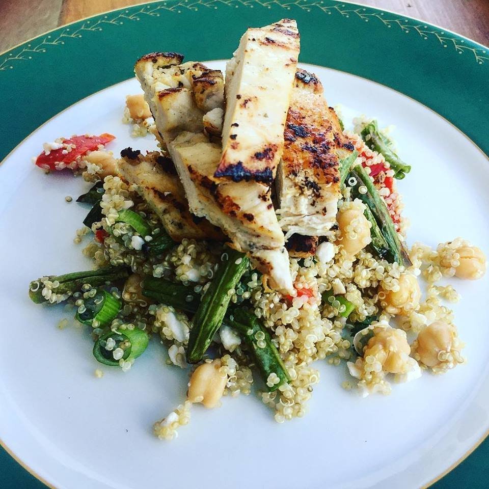 One-Pot Chopped Chicken in Avocado Dressing over Mediterranean Quinoa